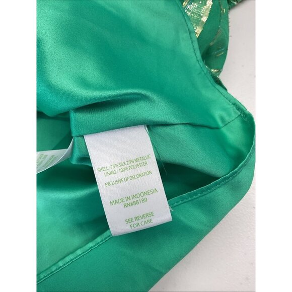 Lilly Pulitzer Green Gold Metallic Silk Long‎ Sleeve Swing Dress Size 14 Festive - Picture 8 of 14